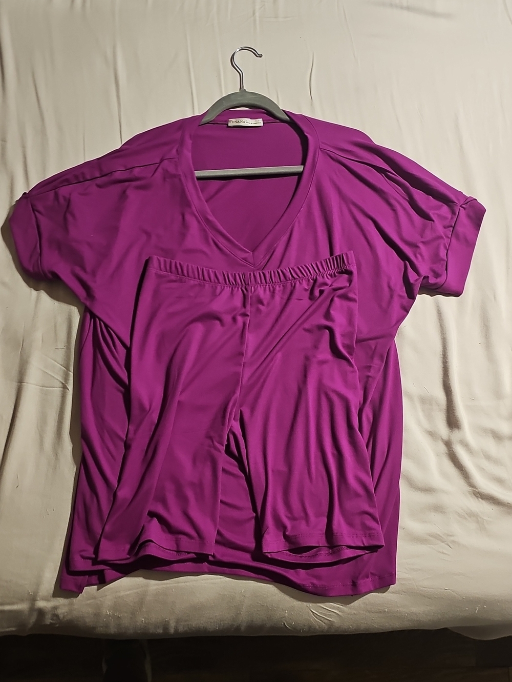 Relaxed V-Neck Short Sleeve Top and Shorts Set - Magenta